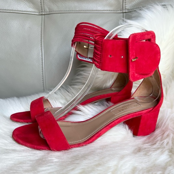 Aquazzura Red Suede Sandals Sz 36.5 US 6 Ankle Strap Buckle Block Heel Italy - Picture 1 of 16